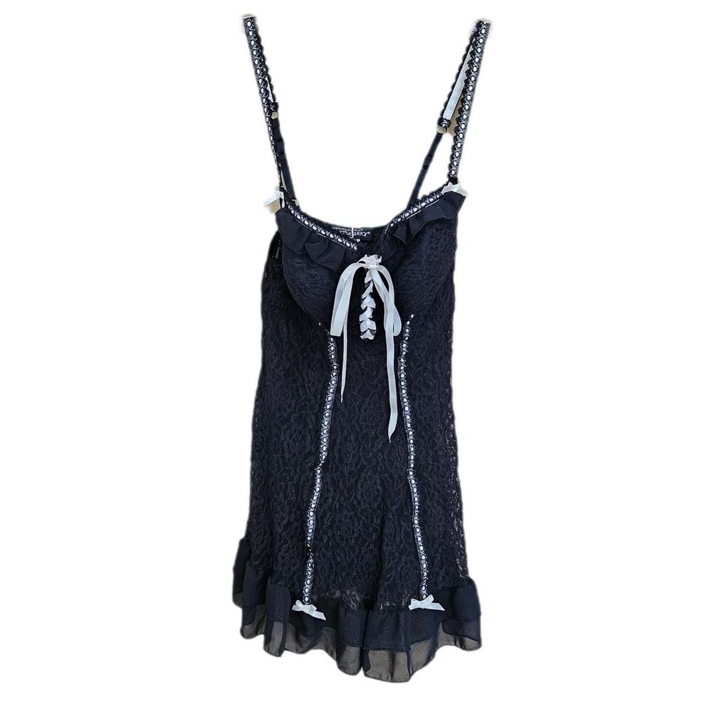 y2k coquette grunge black white lace bow details babydoll lingerie